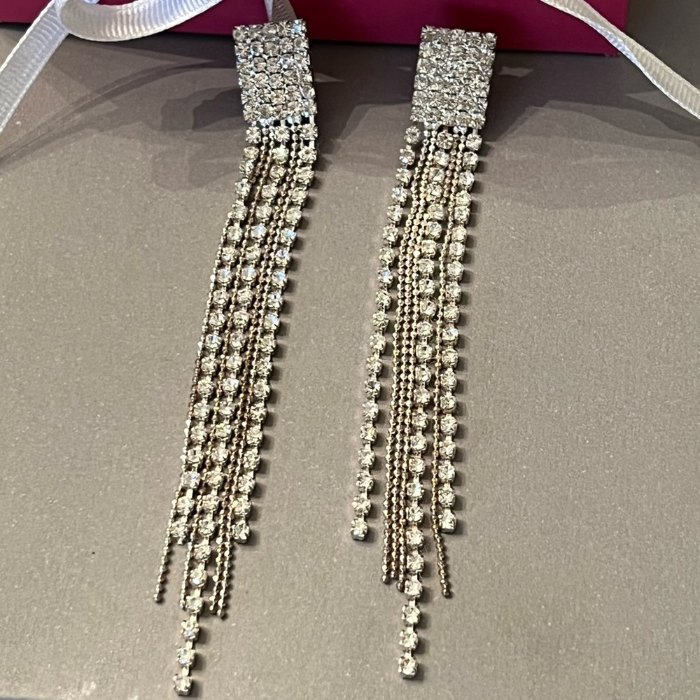 Rhinestone Tassel Drop Earrings - Bridal Wedding Holiday Formal - Picture 1 of 6